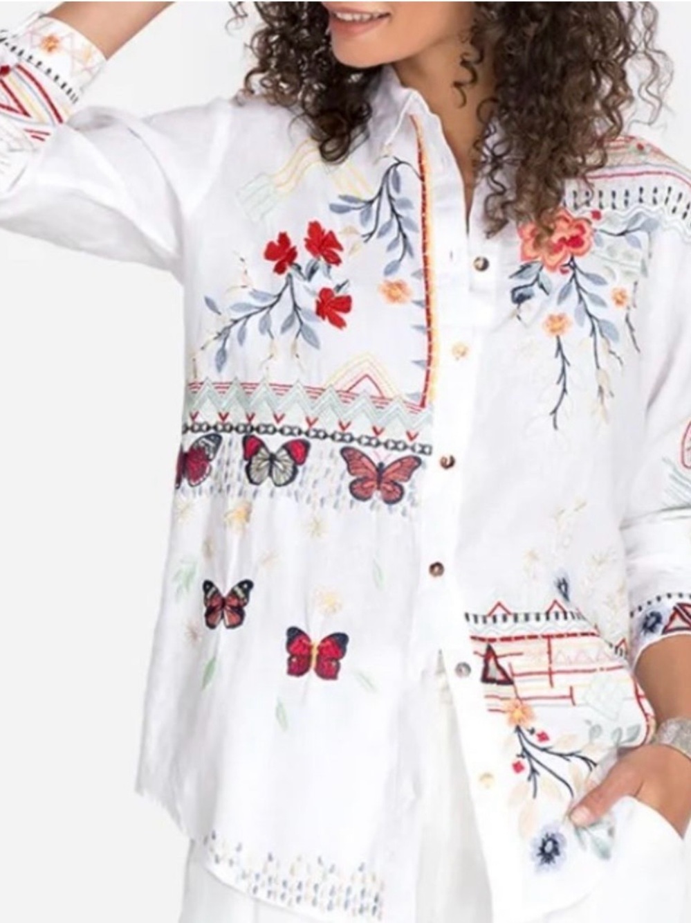 Johnny Was Aravis Linen Embroidered Shirt White Size XS - Picture 6 of 14